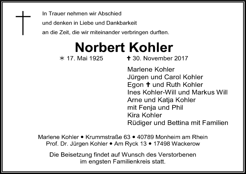  Traueranzeige für Norbert Kohler vom 09.12.2017 aus Kölner Stadt-Anzeiger / Kölnische Rundschau / Express