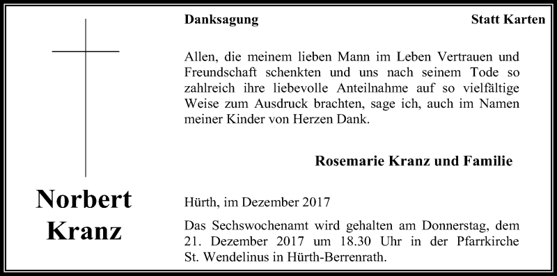  Traueranzeige für Norbert Kranz vom 16.12.2017 aus Kölner Stadt-Anzeiger / Kölnische Rundschau / Express