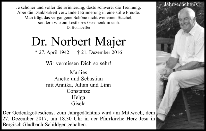  Traueranzeige für Norbert Majer vom 20.12.2017 aus Kölner Stadt-Anzeiger / Kölnische Rundschau / Express