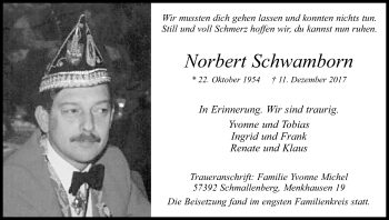 Anzeige von Norbert Schwamborn von Kölner Stadt-Anzeiger / Kölnische Rundschau / Express