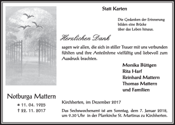 Anzeige von Notburga Mattern von  Sonntags-Post 