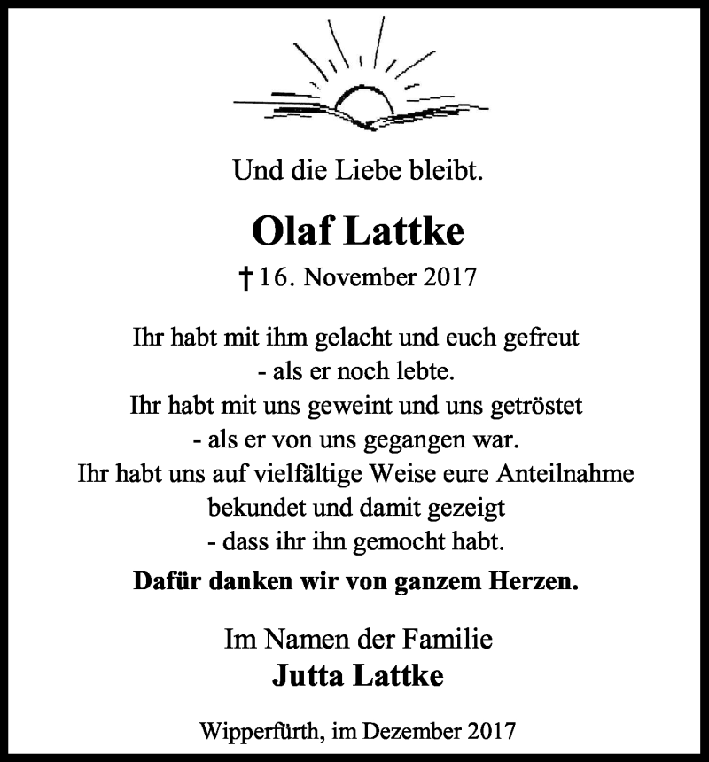  Traueranzeige für Olaf Lattke vom 13.12.2017 aus Kölner Stadt-Anzeiger / Kölnische Rundschau / Express