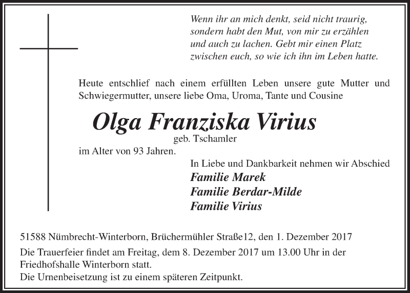  Traueranzeige für Olga Franziska Virius vom 06.12.2017 aus  Lokalanzeiger 