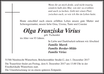 Anzeige von Olga Franziska Virius von  Lokalanzeiger 
