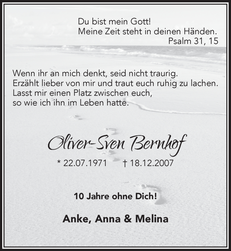  Traueranzeige für Oliver-Sven Bernhof vom 20.12.2017 aus  Anzeigen Echo 