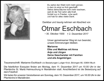 Anzeige von Otmar Eschbach von Kölner Stadt-Anzeiger / Kölnische Rundschau / Express