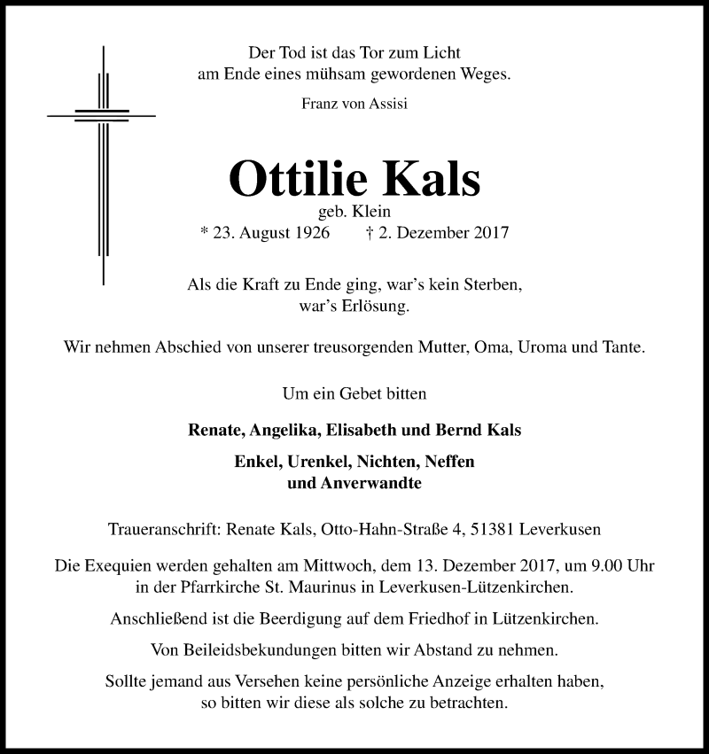  Traueranzeige für Ottilie Kals vom 09.12.2017 aus Kölner Stadt-Anzeiger / Kölnische Rundschau / Express