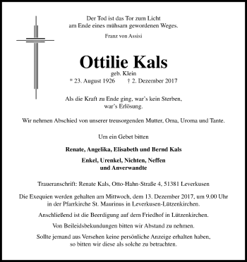 Anzeige von Ottilie Kals von Kölner Stadt-Anzeiger / Kölnische Rundschau / Express