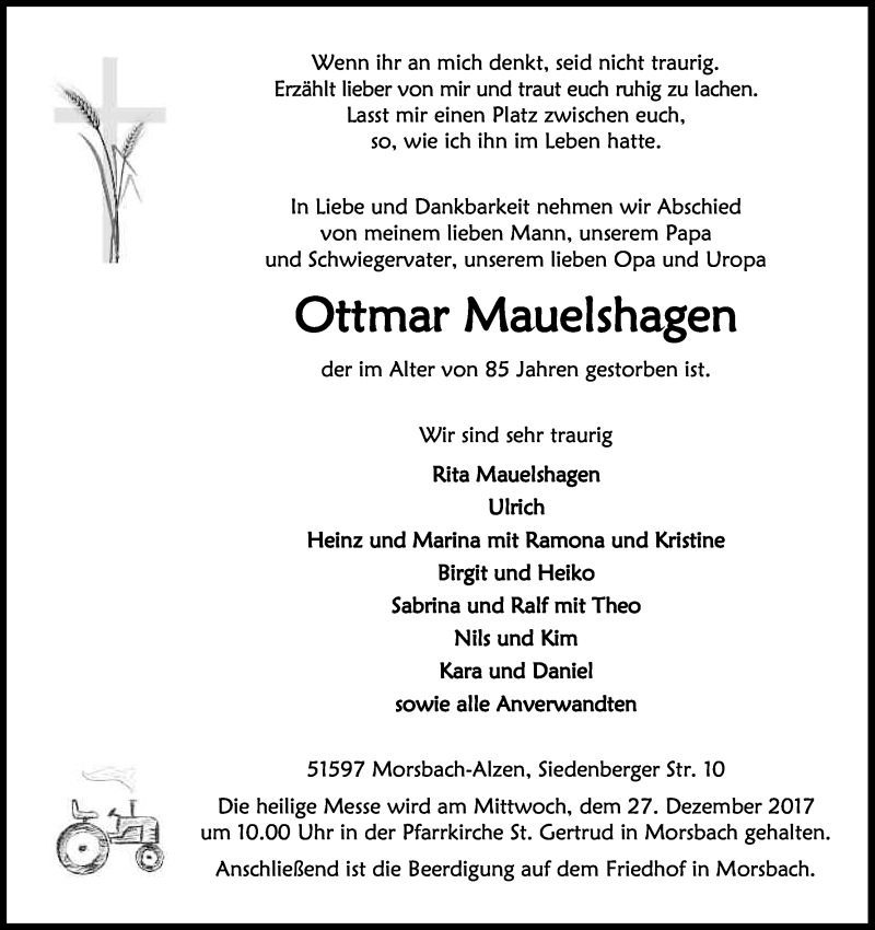  Traueranzeige für Ottmar Mauelshagen vom 21.12.2017 aus Kölner Stadt-Anzeiger / Kölnische Rundschau / Express