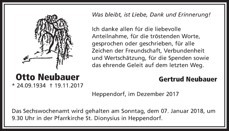  Traueranzeige für Otto Neubauer vom 30.12.2017 aus  Sonntags-Post 