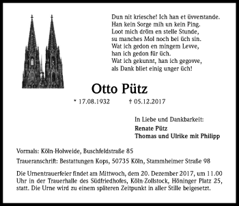 Anzeige von Otto Pütz von Kölner Stadt-Anzeiger / Kölnische Rundschau / Express
