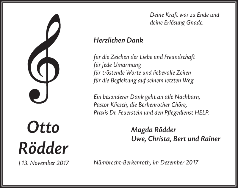  Traueranzeige für Otto Rödder vom 28.12.2017 aus  Lokalanzeiger 