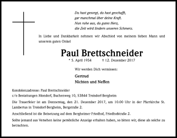Anzeige von Paul Brettschneider von Kölner Stadt-Anzeiger / Kölnische Rundschau / Express