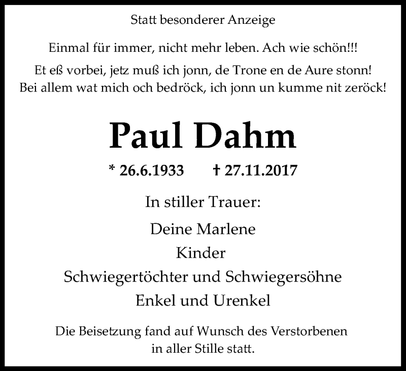 Traueranzeige für Paul Dahm vom 09.12.2017 aus Kölner Stadt-Anzeiger / Kölnische Rundschau / Express