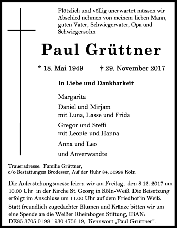 Anzeige von Paul Grüttner von Kölner Stadt-Anzeiger / Kölnische Rundschau / Express