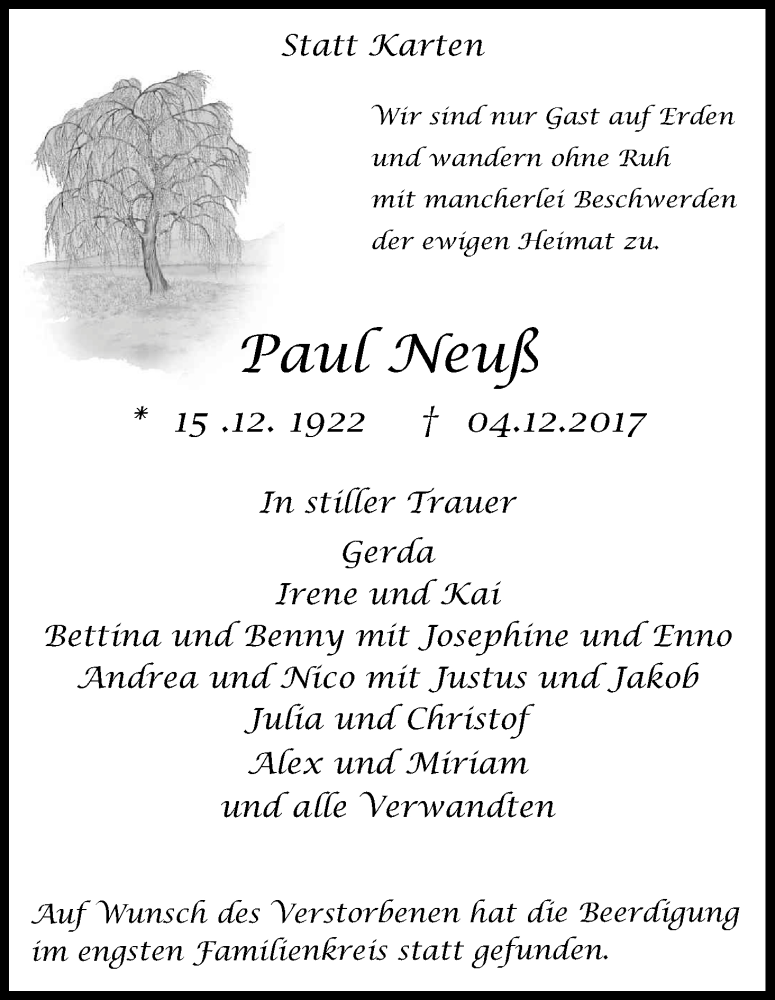  Traueranzeige für Paul Neuß vom 16.12.2017 aus Kölner Stadt-Anzeiger / Kölnische Rundschau / Express