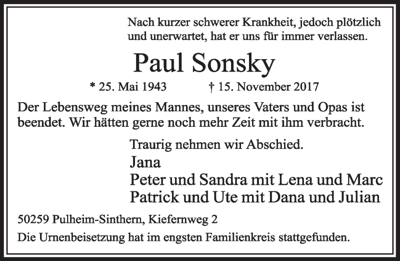  Traueranzeige für Paul Sonsky vom 02.12.2017 aus  Sonntags-Post 