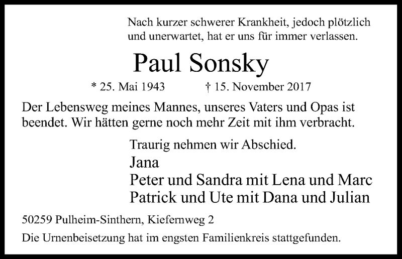 Traueranzeige für Paul Sonsky vom 02.12.2017 aus Kölner Stadt-Anzeiger / Kölnische Rundschau / Express