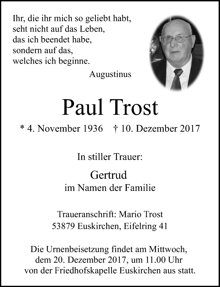  Traueranzeige für Paul Trost vom 16.12.2017 aus  Blickpunkt Euskirchen 