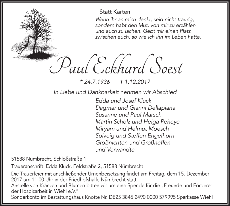 Traueranzeige für Paul Eckhard Soest vom 13.12.2017 aus  Lokalanzeiger 