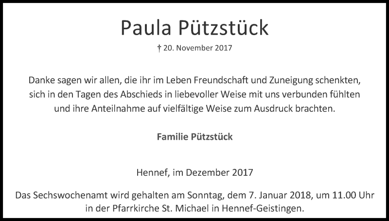  Traueranzeige für Paula Pützstück vom 23.12.2017 aus Kölner Stadt-Anzeiger / Kölnische Rundschau / Express