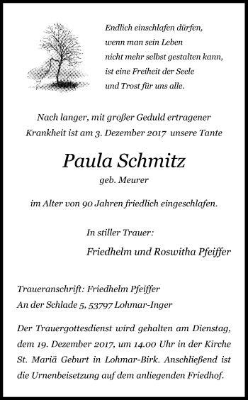 Anzeige von Paula Schmitz von Kölner Stadt-Anzeiger / Kölnische Rundschau / Express
