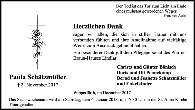  Traueranzeige für Paula Schätzmüller vom 23.12.2017 aus Kölner Stadt-Anzeiger / Kölnische Rundschau / Express