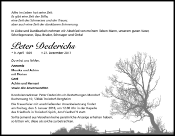 Anzeige von Peter Dederichs von Kölner Stadt-Anzeiger / Kölnische Rundschau / Express