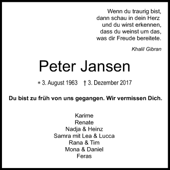 Anzeige von Peter Jansen von Kölner Stadt-Anzeiger / Kölnische Rundschau / Express