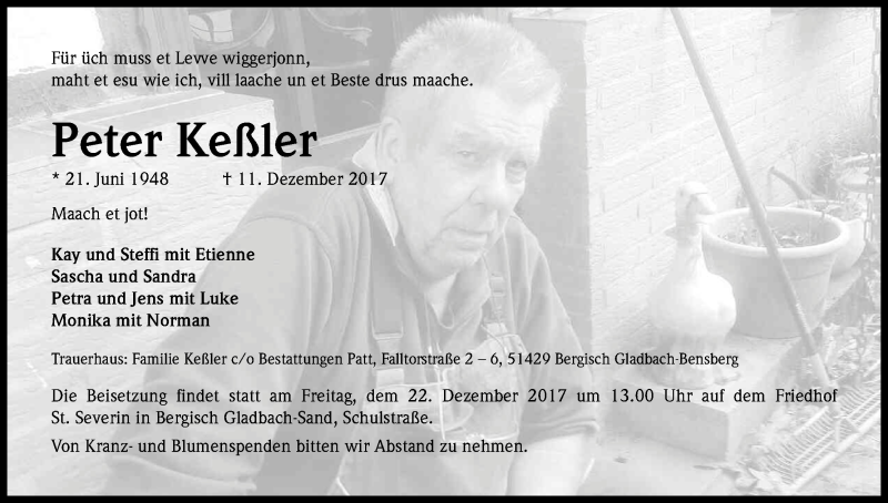  Traueranzeige für Peter Keßler vom 16.12.2017 aus Kölner Stadt-Anzeiger / Kölnische Rundschau / Express