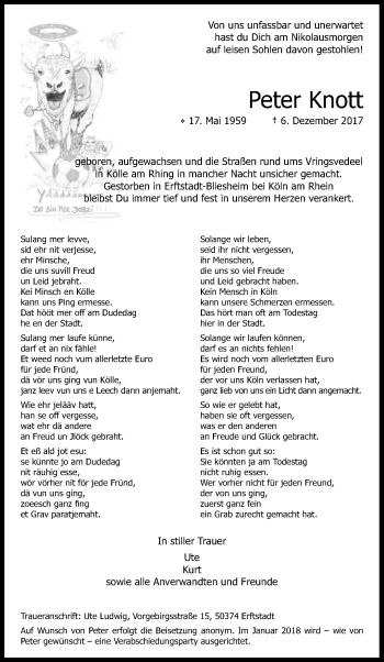 Anzeige von Peter Knott von Kölner Stadt-Anzeiger / Kölnische Rundschau / Express