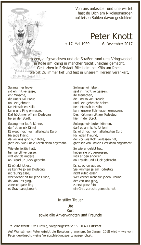  Traueranzeige für Peter Knott vom 16.12.2017 aus  Sonntags-Post 