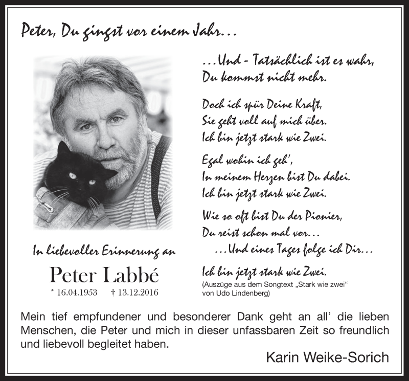  Traueranzeige für Peter Labbé vom 23.12.2017 aus  Sonntags-Post 