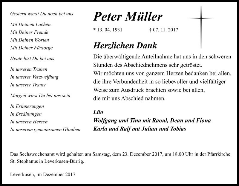  Traueranzeige für Peter Müller vom 09.12.2017 aus Kölner Stadt-Anzeiger / Kölnische Rundschau / Express