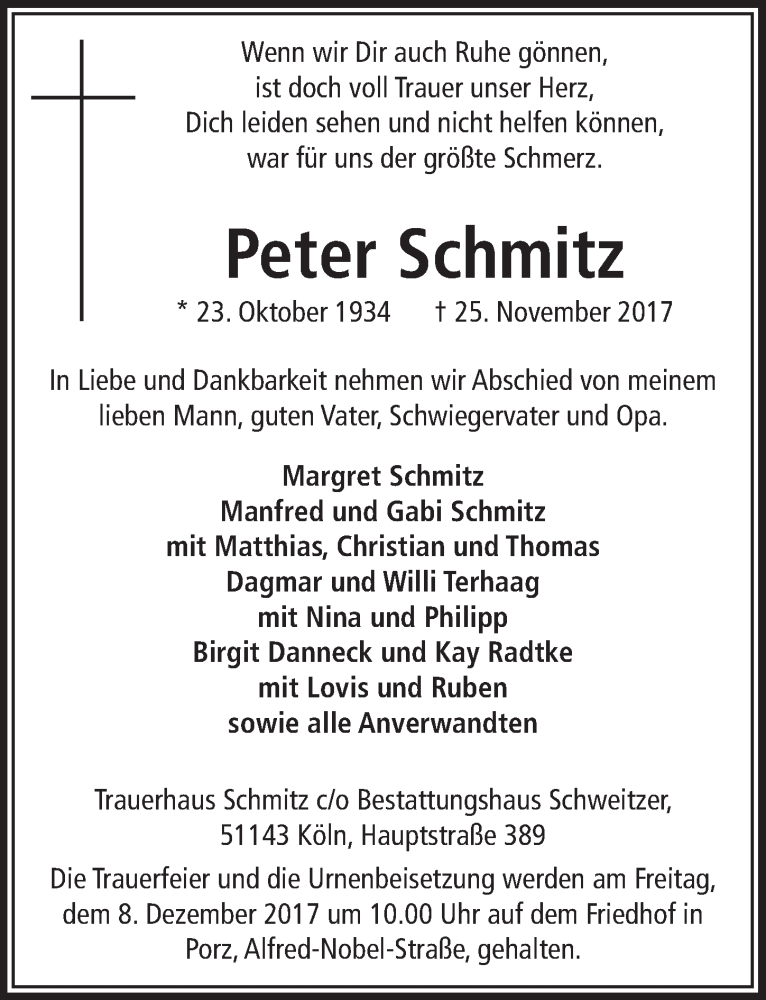  Traueranzeige für Peter Schmitz vom 06.12.2017 aus  Kölner Wochenspiegel 