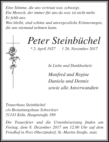 Anzeige von Peter Steinbüchel von  Kölner Wochenspiegel 