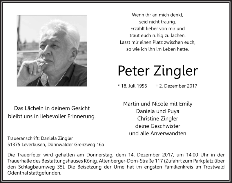  Traueranzeige für Peter Zingler vom 09.12.2017 aus  Bergisches Sonntagsblatt 
