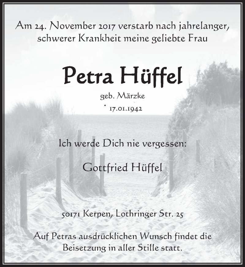  Traueranzeige für Petra Hüffel vom 06.12.2017 aus  Werbepost 