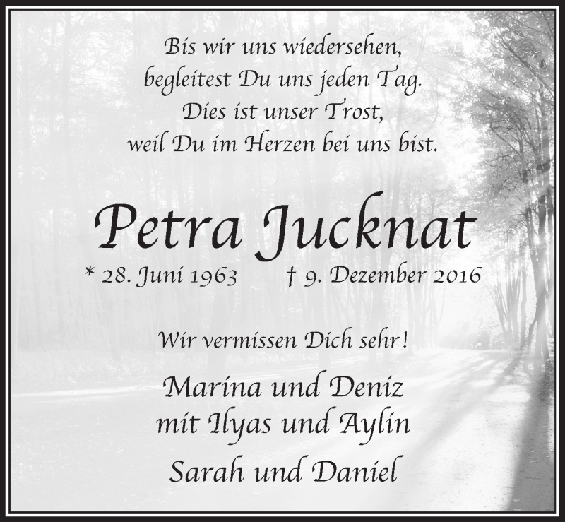  Traueranzeige für Petra Jucknat vom 09.12.2017 aus  Bergisches Sonntagsblatt 