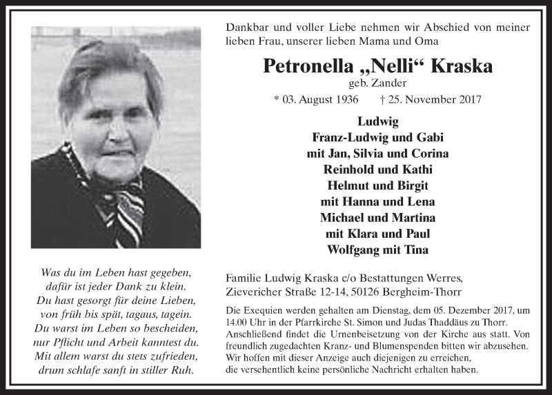  Traueranzeige für Petronella Kraska vom 02.12.2017 aus  Sonntags-Post 