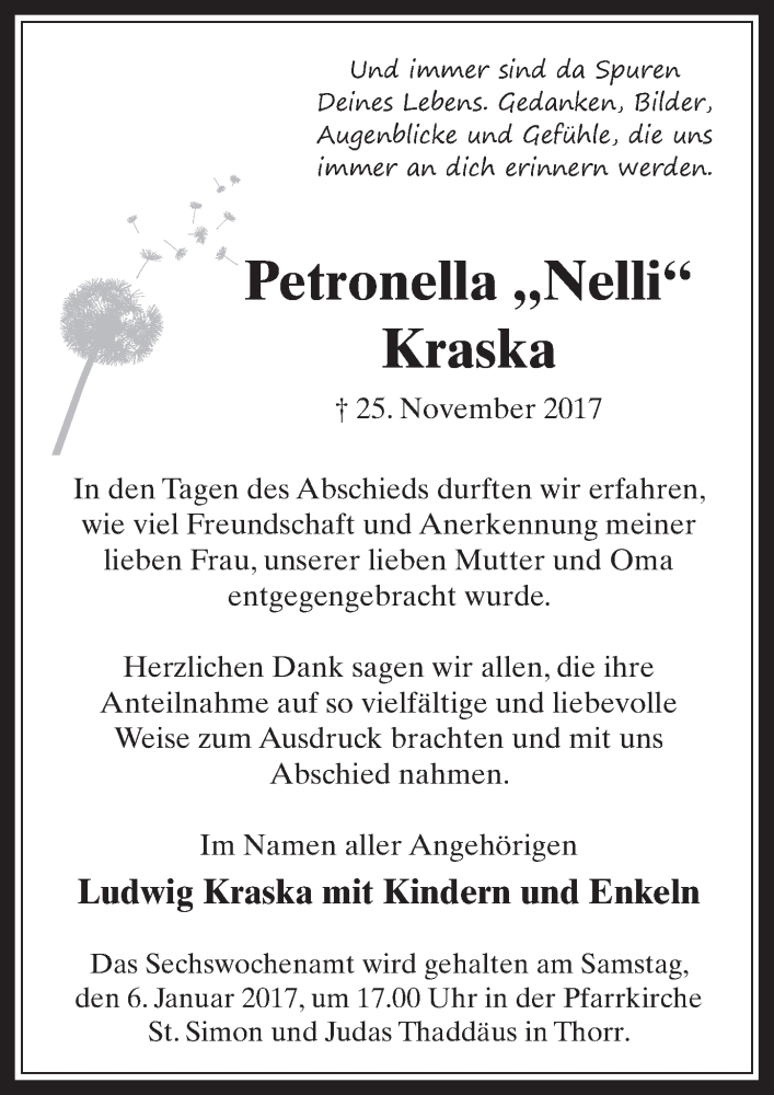  Traueranzeige für Petronella Kraska vom 28.12.2017 aus  Werbepost 