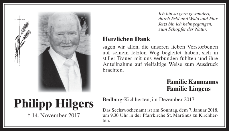  Traueranzeige für Philipp Hilgers vom 28.12.2017 aus  Werbepost 