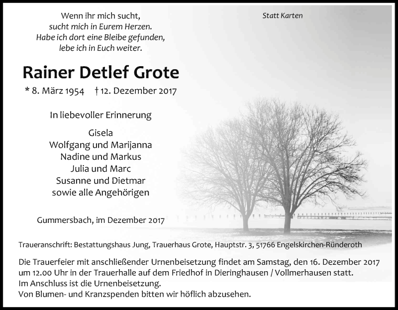  Traueranzeige für Rainer Detlef Grote vom 14.12.2017 aus Kölner Stadt-Anzeiger / Kölnische Rundschau / Express