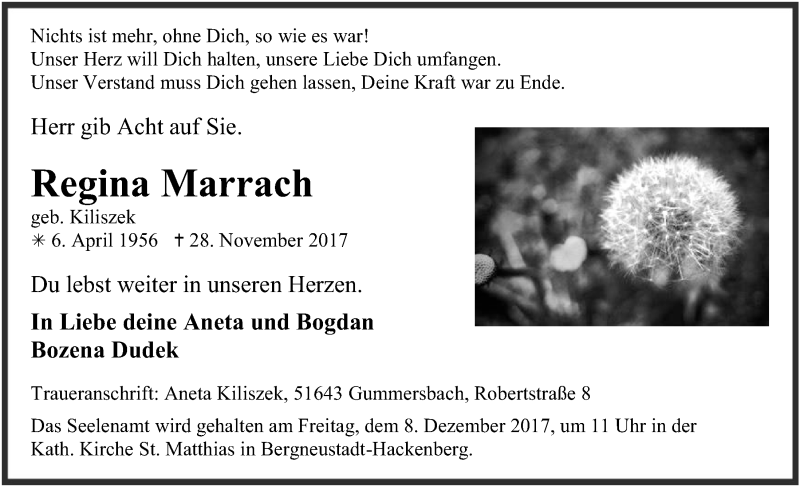  Traueranzeige für Regina Marrach vom 06.12.2017 aus  Anzeigen Echo 