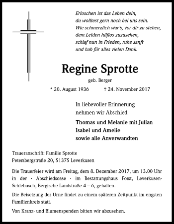 Anzeige von Regine Sprotte von Kölner Stadt-Anzeiger / Kölnische Rundschau / Express