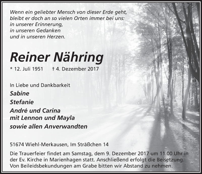  Traueranzeige für Reiner Nähring vom 06.12.2017 aus  Anzeigen Echo 