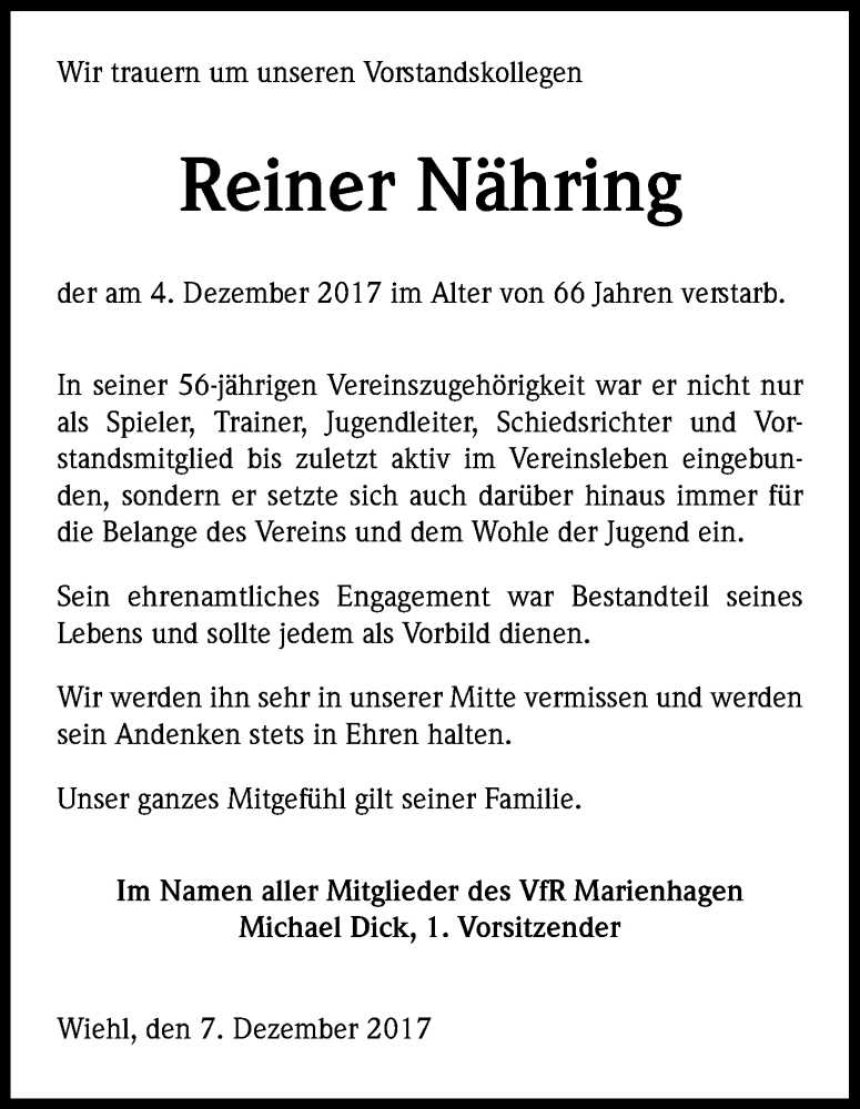  Traueranzeige für Reiner Nähring vom 11.12.2017 aus Kölner Stadt-Anzeiger / Kölnische Rundschau / Express