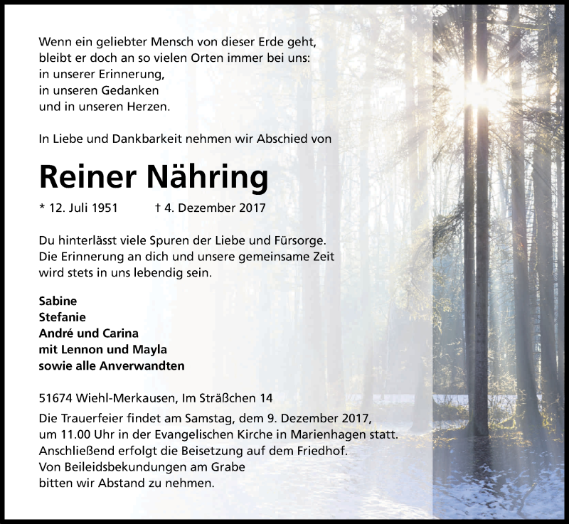  Traueranzeige für Reiner Nähring vom 06.12.2017 aus Kölner Stadt-Anzeiger / Kölnische Rundschau / Express
