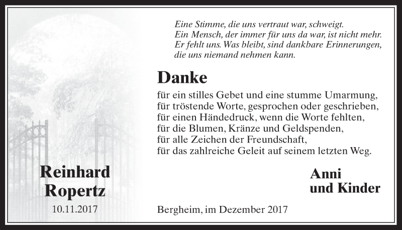 Traueranzeige für Reinhard Ropertz vom 20.12.2017 aus  Werbepost 