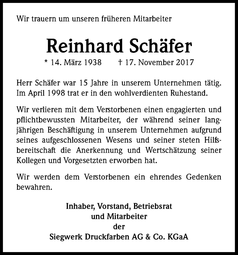 Traueranzeige für Reinhard Schäfer vom 15.12.2017 aus Kölner Stadt-Anzeiger / Kölnische Rundschau / Express